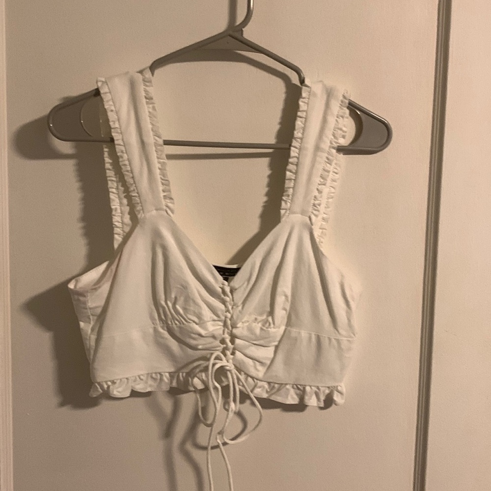Lace Up Ruffle Strap Crop Top/ Blue Blush/ Medium